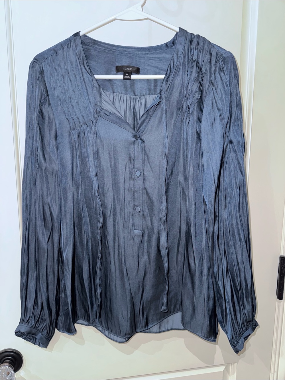 J. Crew Slate Blue Crinkle Satin Long-Sleeve Pleated Blouse
